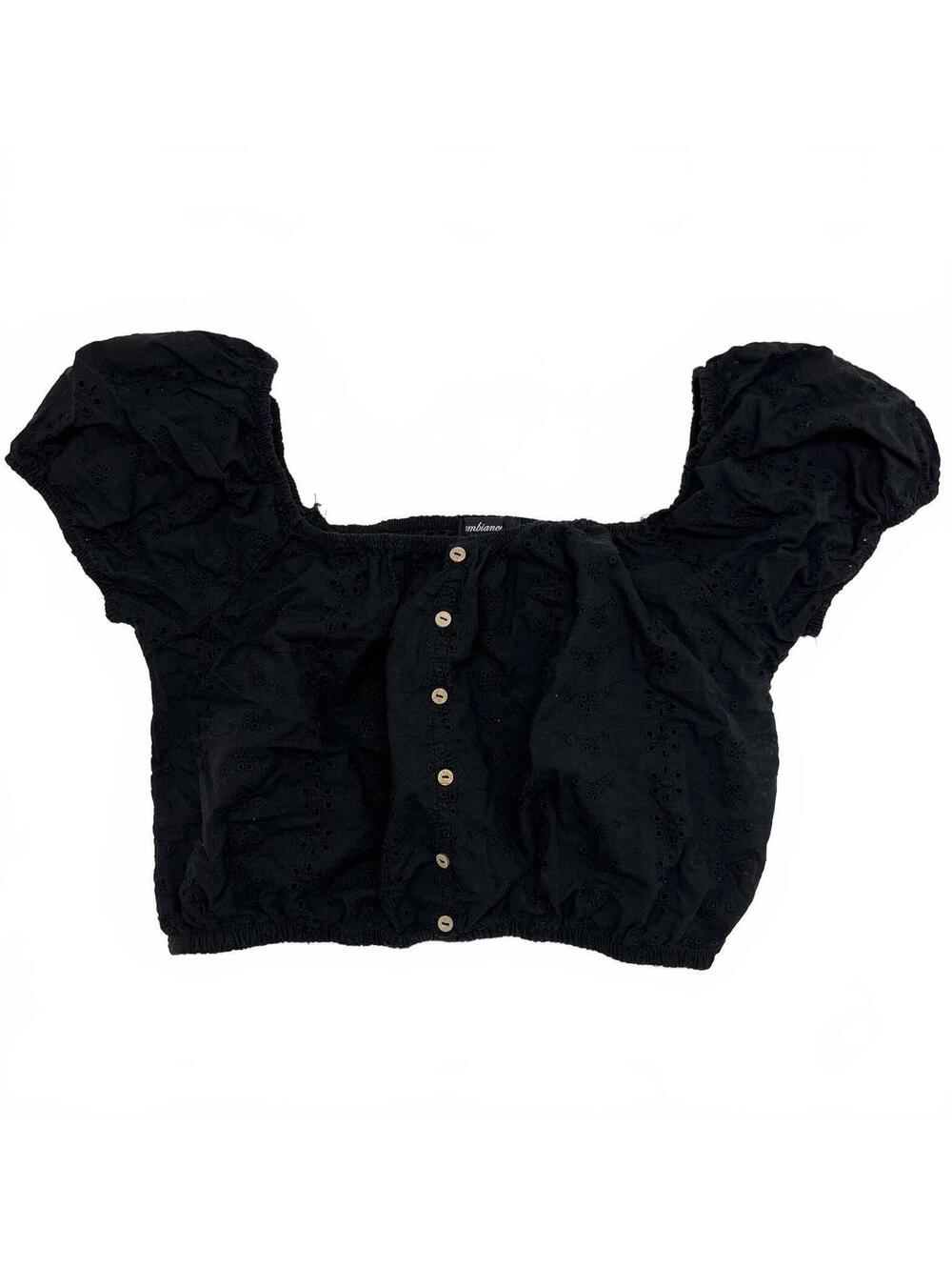 Ambiance Black Eyelet Crop Top With Button Down Front And Puff Sleeves Small
